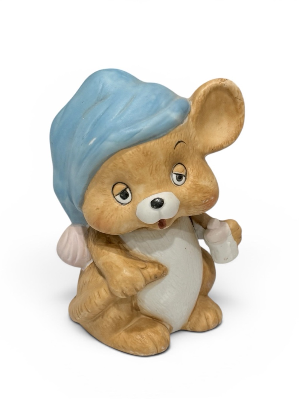 Vintage Porcelain Sleepy Mouse Night Light – Nursery Lamp with Blue Hat